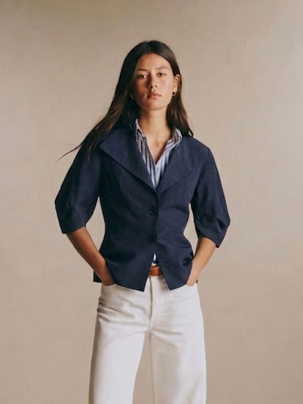Lewit $399 Linen Blend Navy Puff Sleeve Blazer Sz Large Office Siren Executive